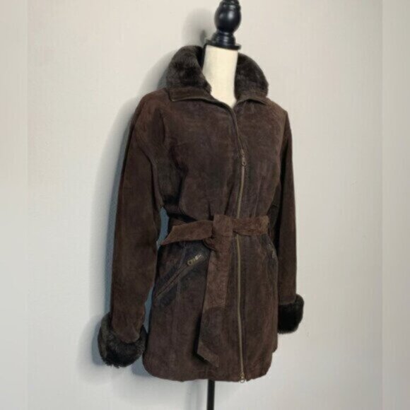 Wilsons Leather Brown Faux Fur Collar Cuffs Suede Leather Coat - Picture 5 of 17